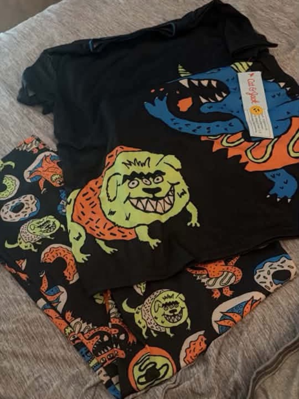 Cat and Jack Kids Black Monster Print Pajama Set - Fun Neon Monsters